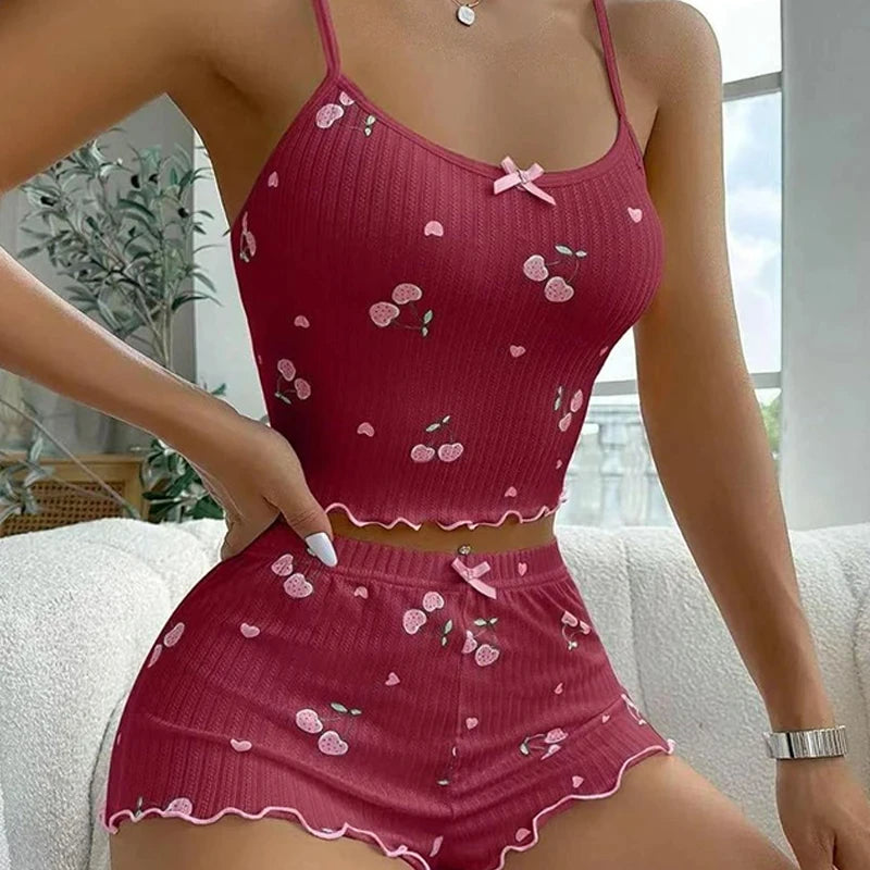 Sleepwear Women's Summer Pajama Set Heart Print Sexy Ribbed Bow Decor Round Neck Backless Crop Cami Top & Shorts Nightwear - Smarsty