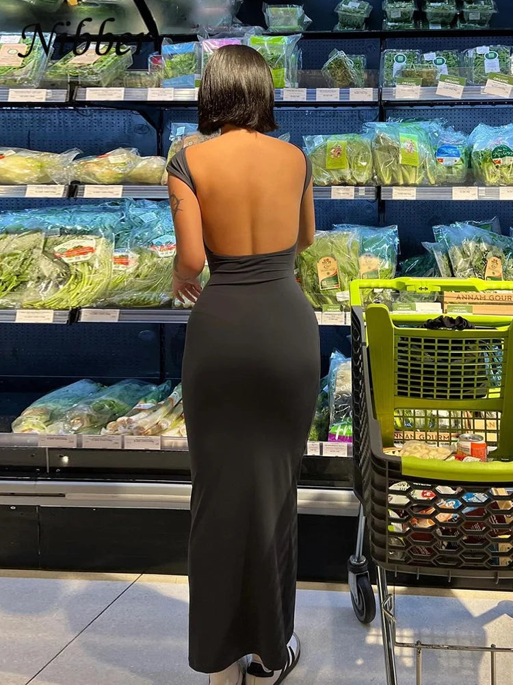 Nibber Solid Sexy Backless Maxi Dress Women Elegant Elastic Slim Short Sleeve Long dresses Female Bodycon Streetwear Clothing - Smarsty