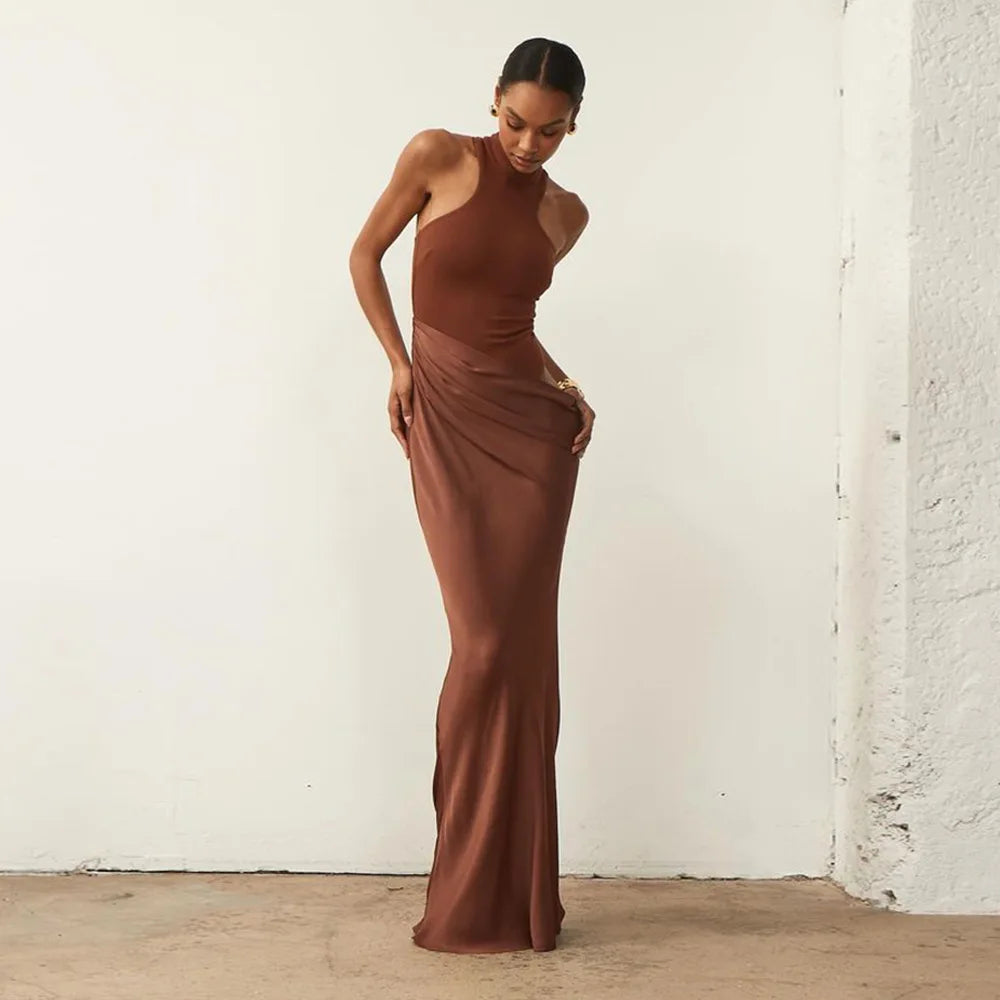JULISSA MO Satin Sexy Hollow Out Women Maxi Dress Black Sleeveless High Waist Dress Female Autumn Skinny Elegant Party Clubwear - Smarsty