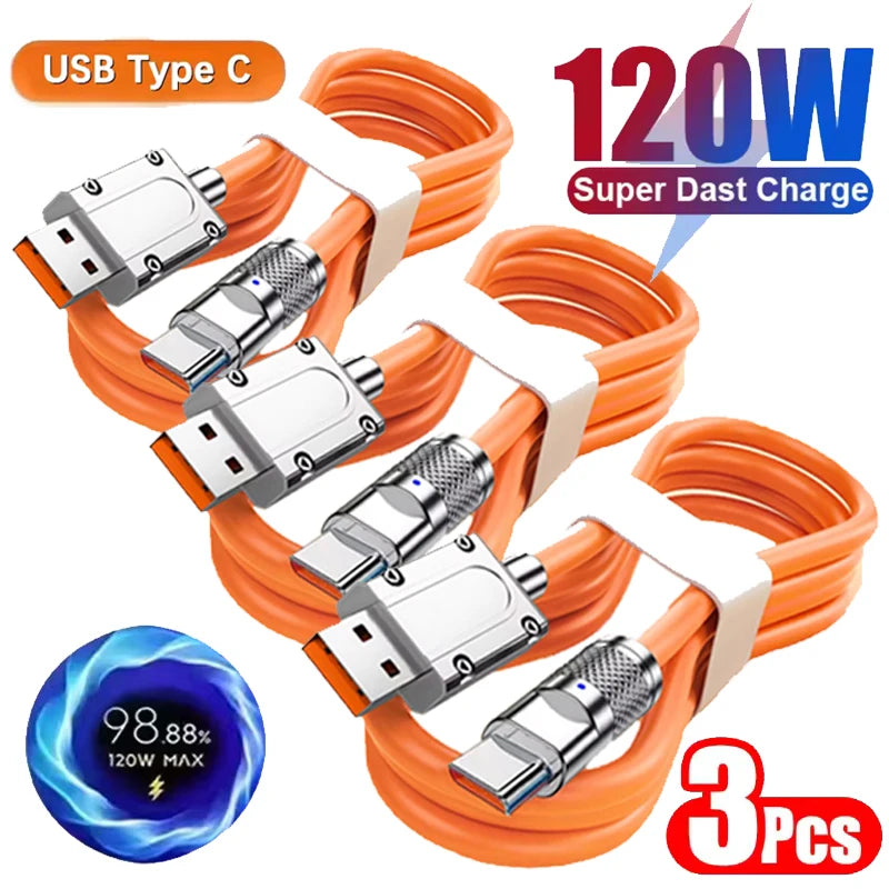 3PCS 120W Super Fast Charge Type-C Liquid Silicone Cable Quick Charge USB C Lines For Xiaomi Huawei Samsung USB Phone Data Wire - Smarsty