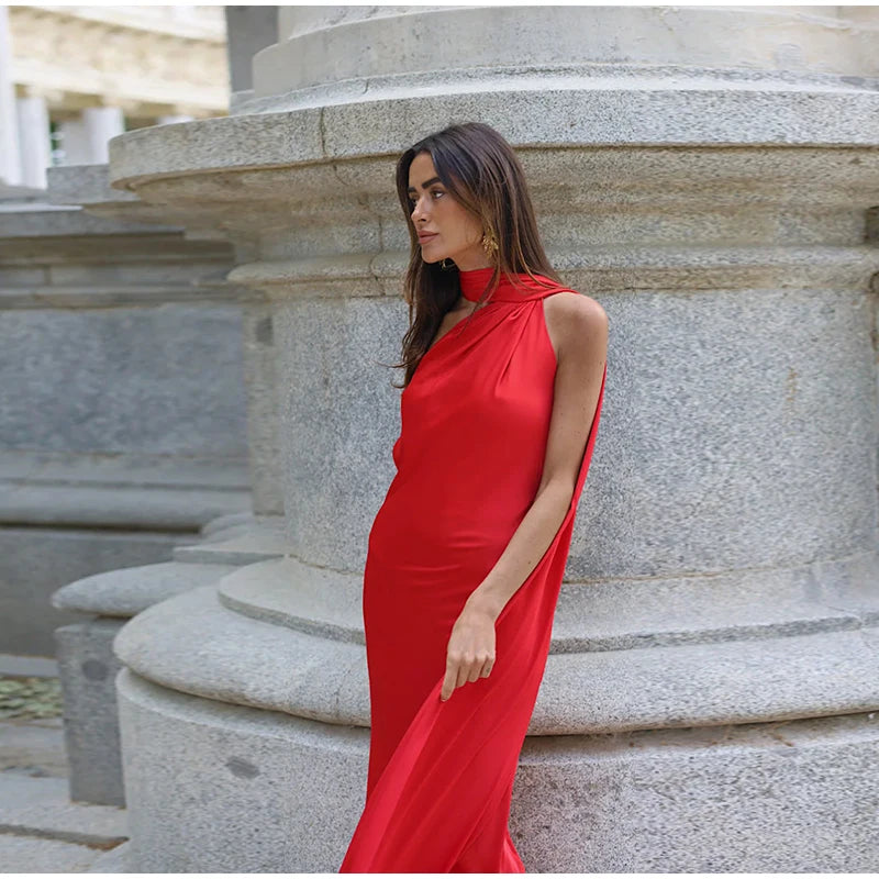 Elegant Solid Ribbon Women Halter Dress Off Shoulder Sleeveless Backless Slim Female Maxi Dresses 2025 Summer New Chic Lady Robe - Smarsty