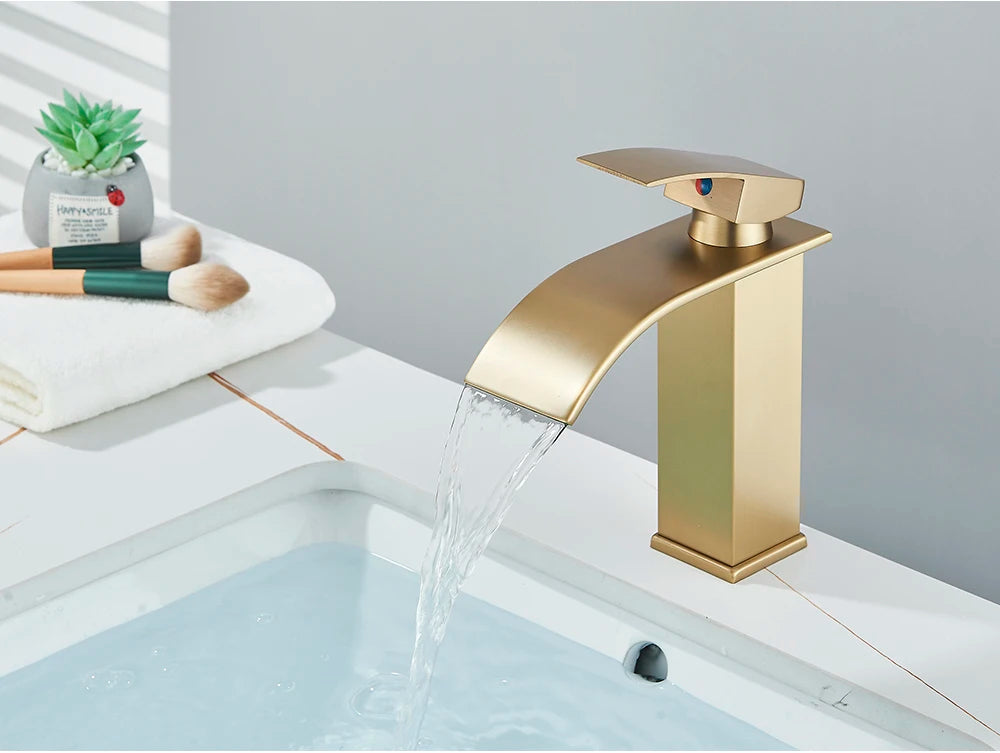 Brushed Gold Waterfall Bathroom Sink Faucet Mixer - Smarsty