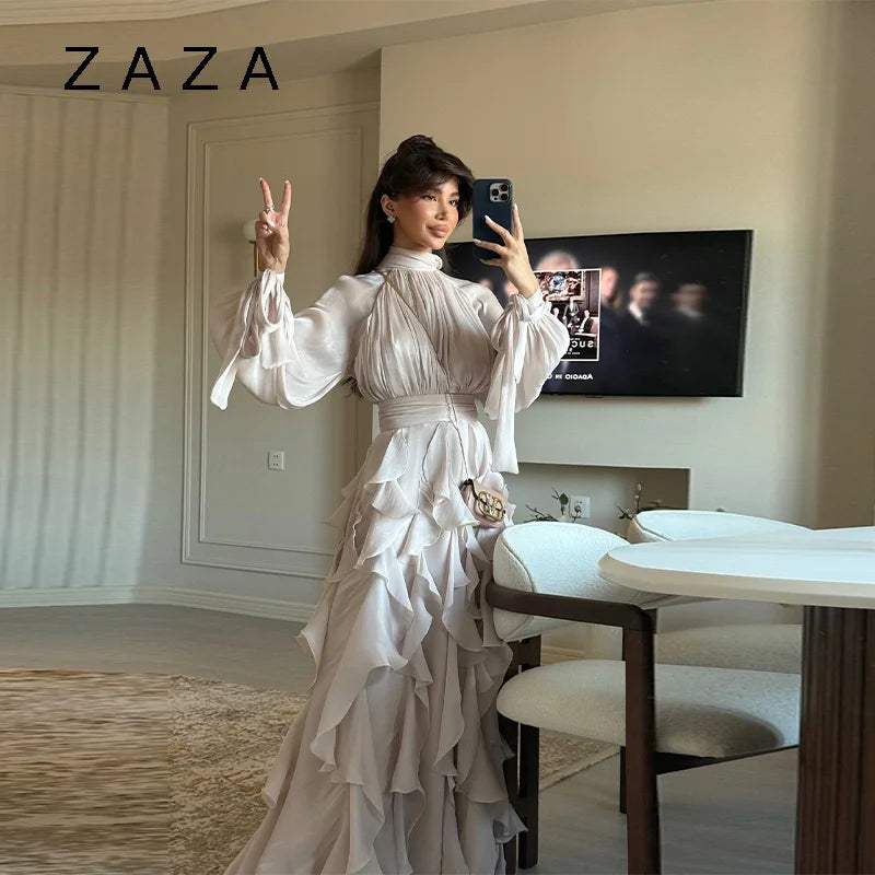 Shinny Ruffles Hem Maxi Dress A Line Long Sleeve Slim Fit Party Long Robes Lace Up Luxury Club Vestidos 2025 Lady Summer Gowns