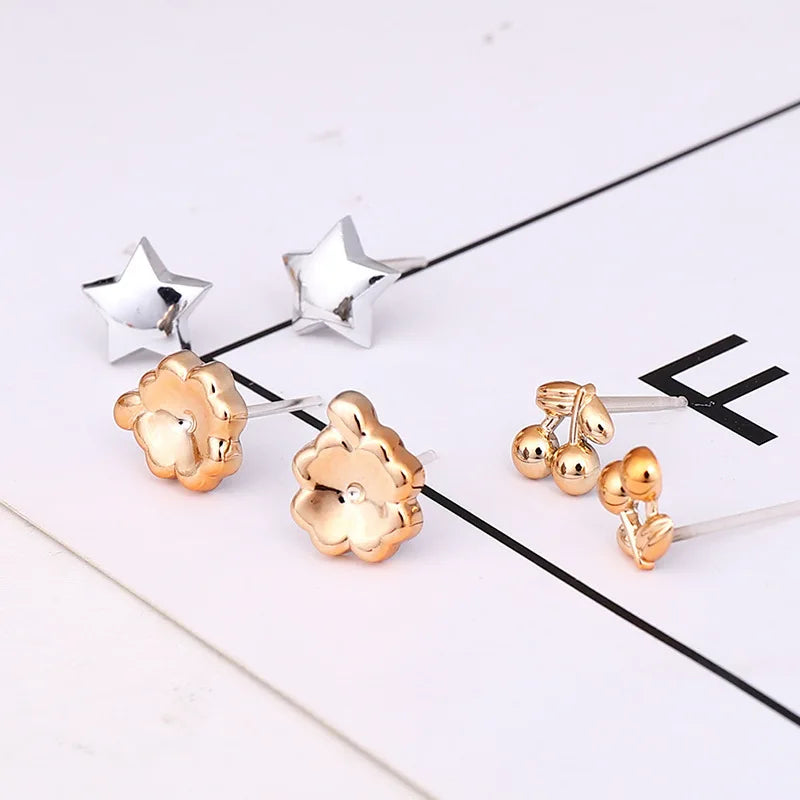 Gold and Silver Enamel Flower Heart Stud Earrings Set - Smarsty