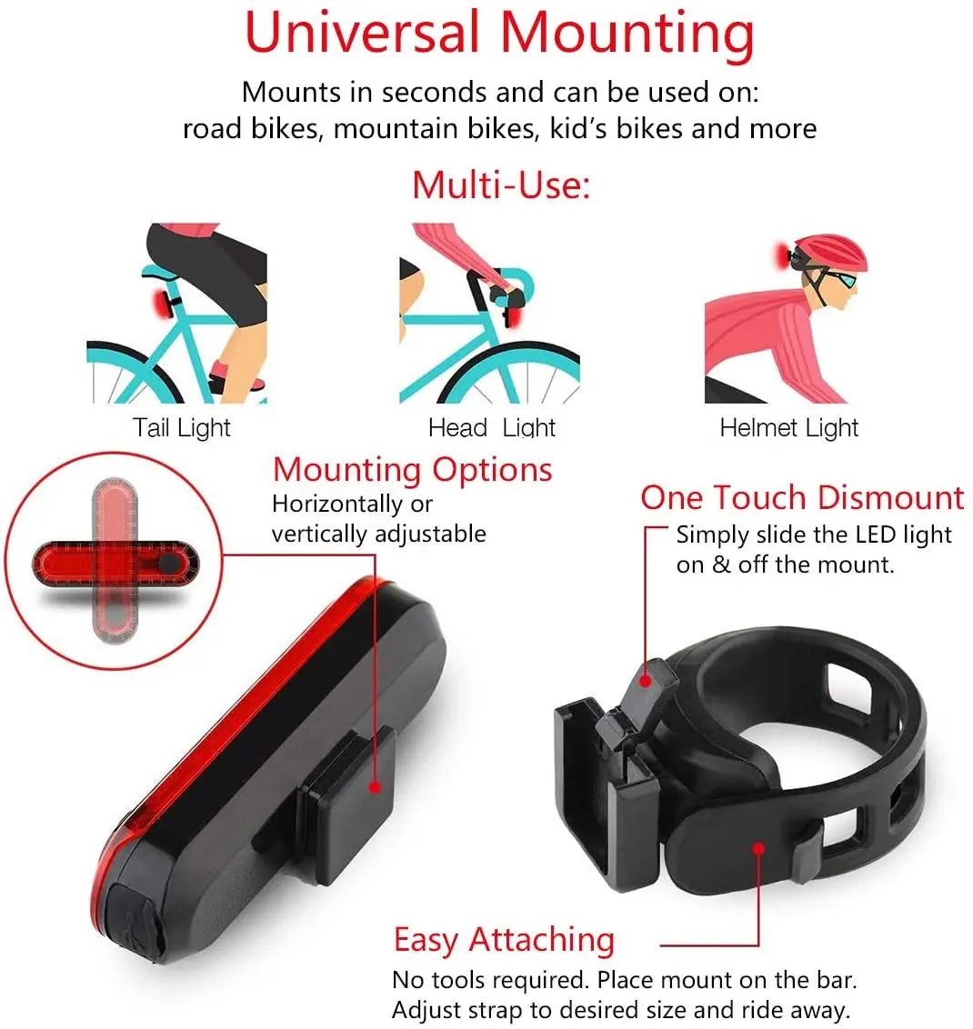 Rear Bike Tail Light USB Rechargeable Ultra Bright Taillights Fit On Bicycle Easy to Install for Cycling Safety Bicycle Light - Smarsty