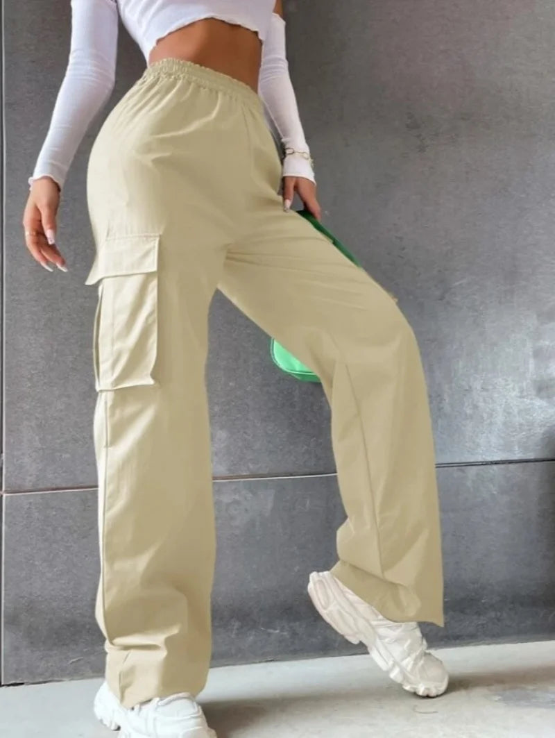 Fashion Women Baggy Joggers Pants Casual Communte Female Chic Straight Cargo Pant Elastic High Waist Elegant Oversized Trousers - Smarsty