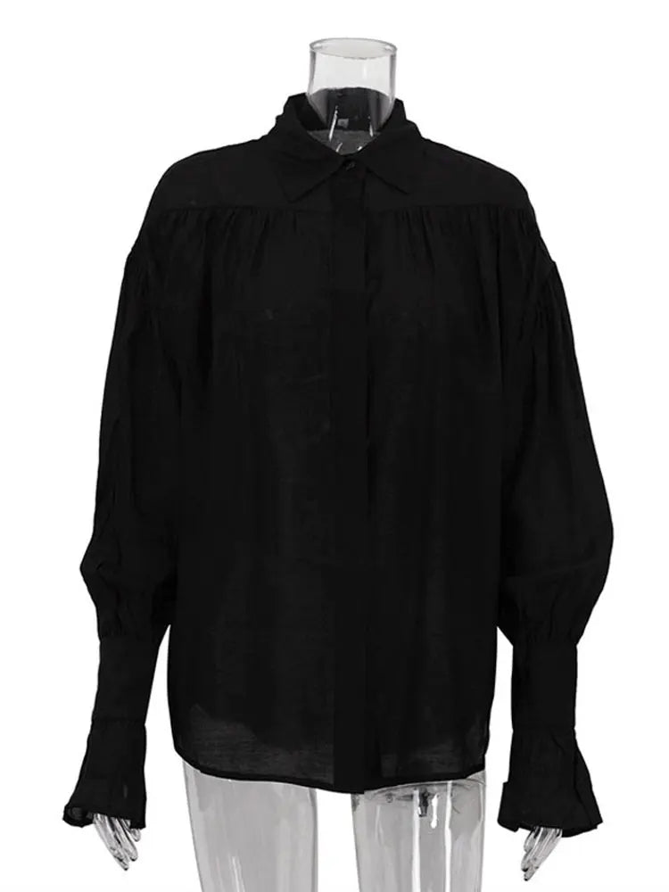 Tossy Casual Loose See-Through Shirts Women's Autumn Lapel Long Sleeve Patchwork Blouse Top Streetwear Female Solid Shirts Top - Smarsty