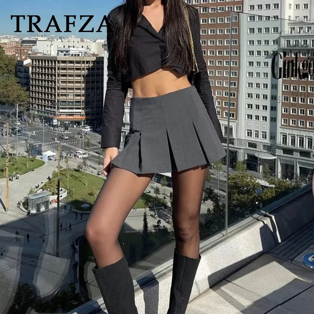 TRAFZA 2025 Spring Summer Women Casual Tierred Mini Skirts Fashion Vintage Solid High Wasit Ruffles Pleated Sexy Shorts Skirts - Smarsty