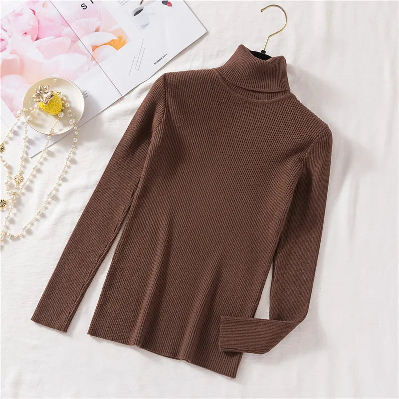 2025 Autumn Winter Women Long Sleeve Knitted Foldover Turtleneck Ribbed Pull Sweater Soft Warm Femme Jumper Pullover Clothes - Smarsty