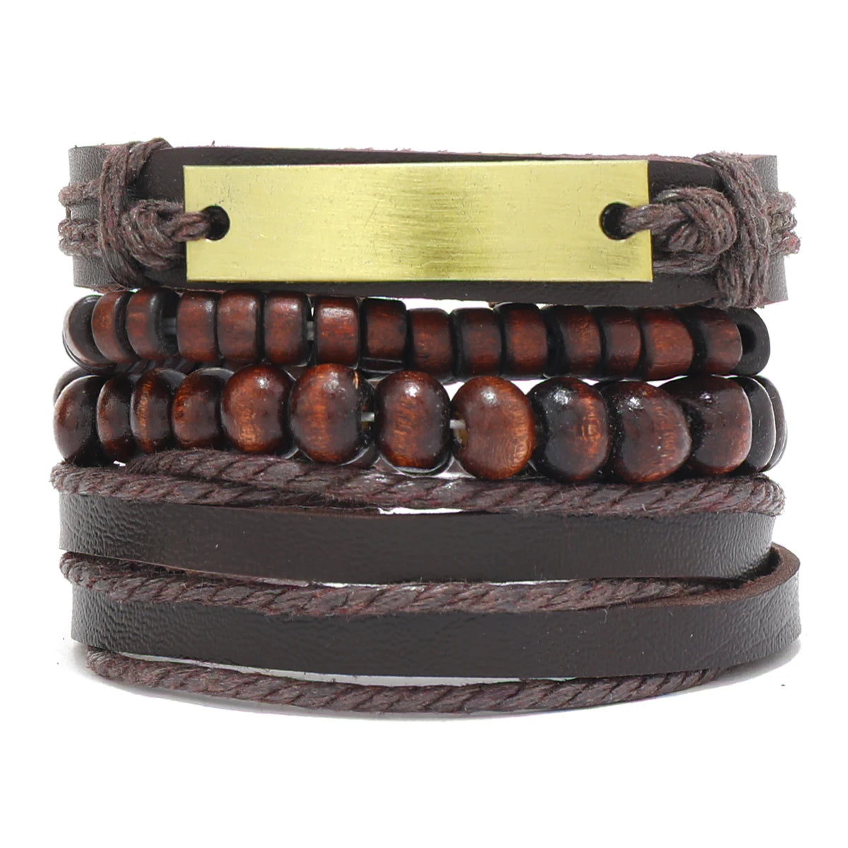 Vintage Leather Men Bracelet Woven Brown Wood Beads - Smarsty