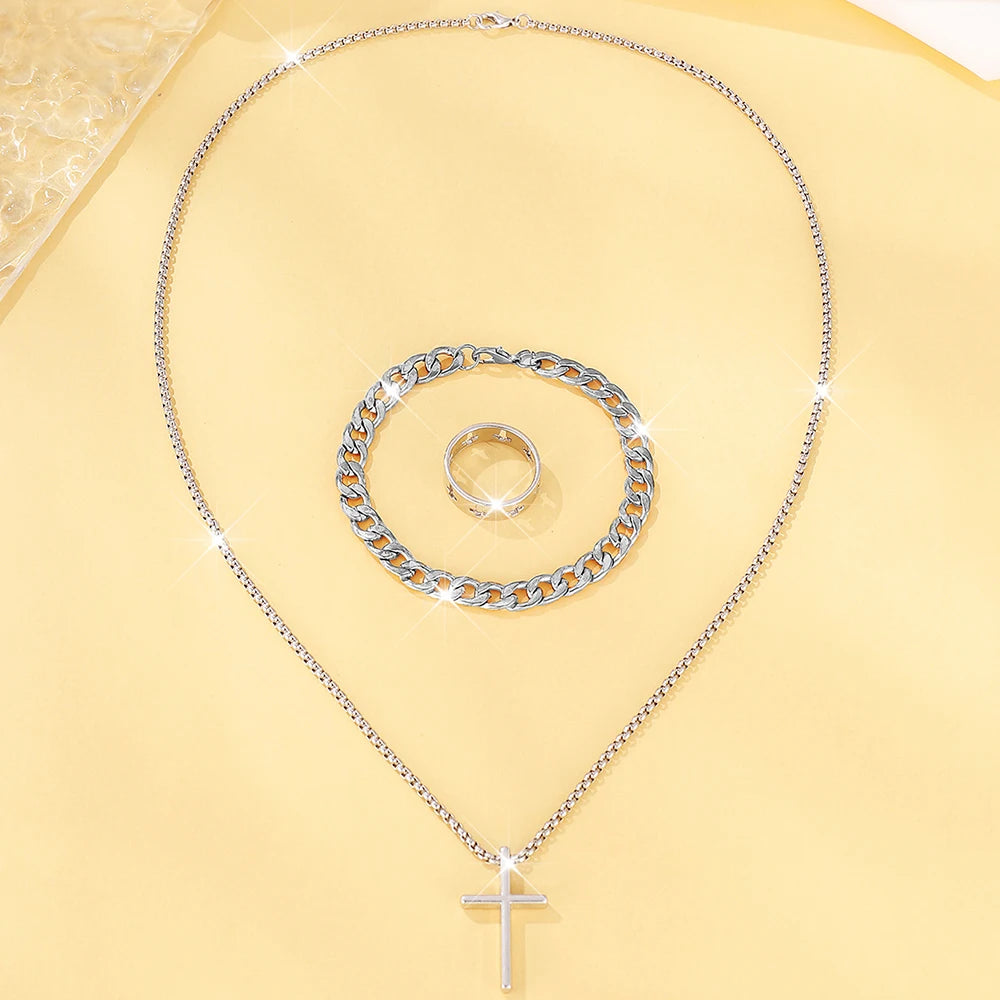 Men's 3 Piece Alloy Jewelry Set with Cross Pendant - Smarsty