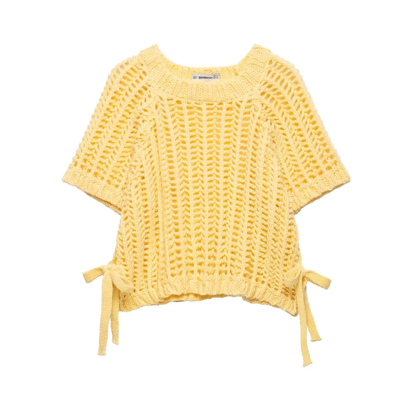 Hollow Out Knit Pullover Women Casual Round Neck Lace Up Bow Sweater Female Autumn Short Sleeves Solid Knitwears Lady - Smarsty