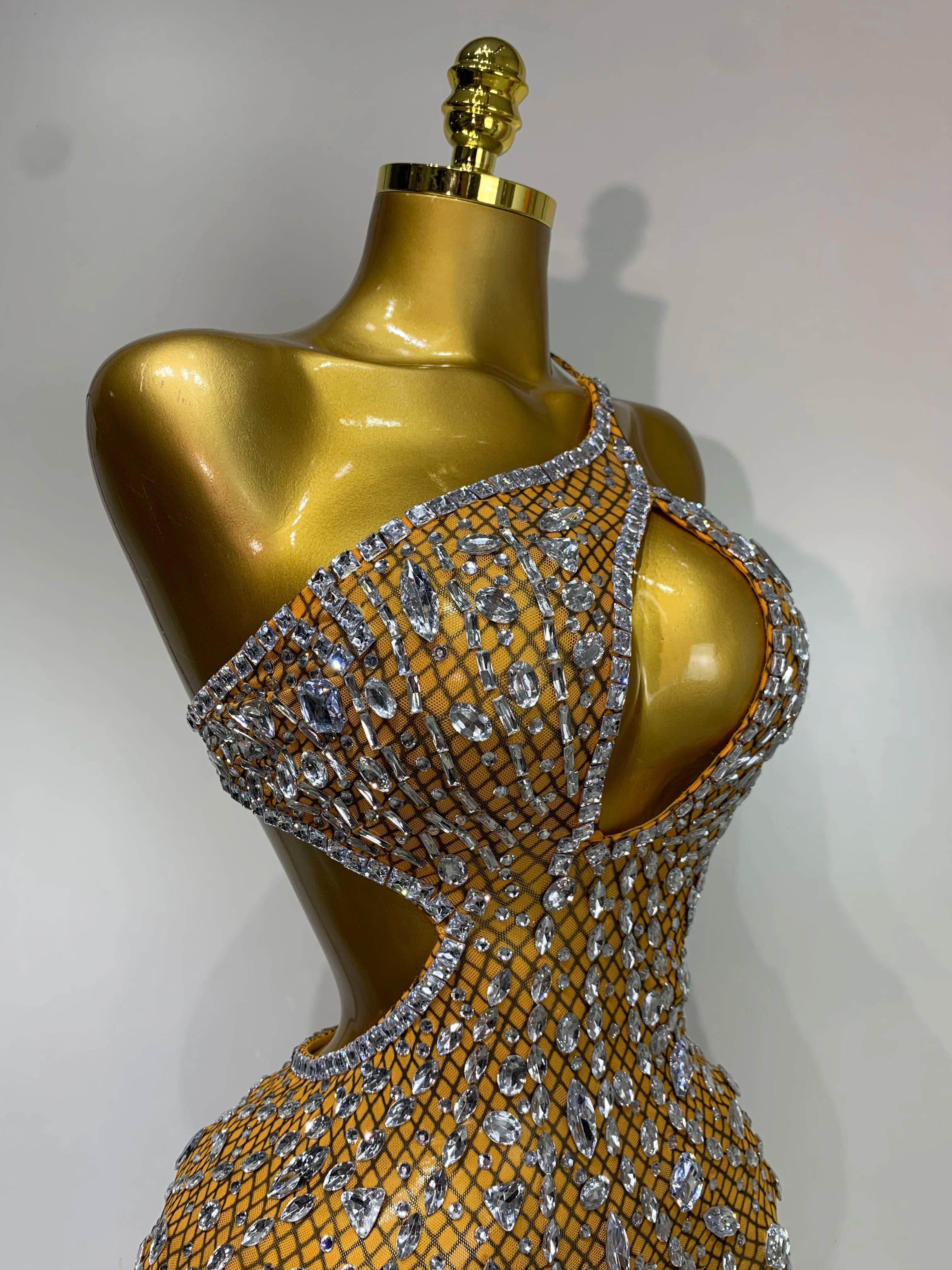 Sexy Sparkly Diamond Backless Short Dress 2025 Women Sleeveless Mesh See Through Evening Birthday Gown Singer Stage Outfit - Smarsty