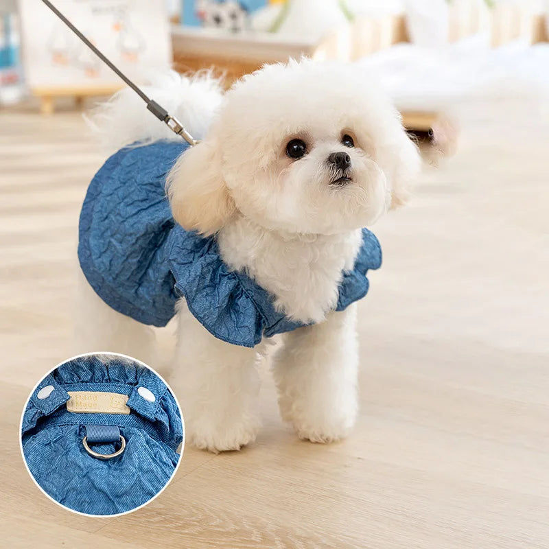 Denim Dog Dress for Small Dogs with Leash Ring - Smarsty