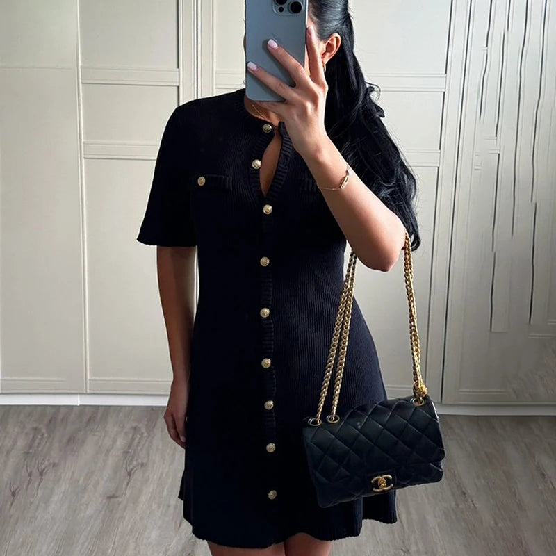 White Elegant Knitted Mini Dress For Women Metal Button Sexy Slim Rib Sweater Dress Holiday Party Outfits Autumn 2024 New - Smarsty