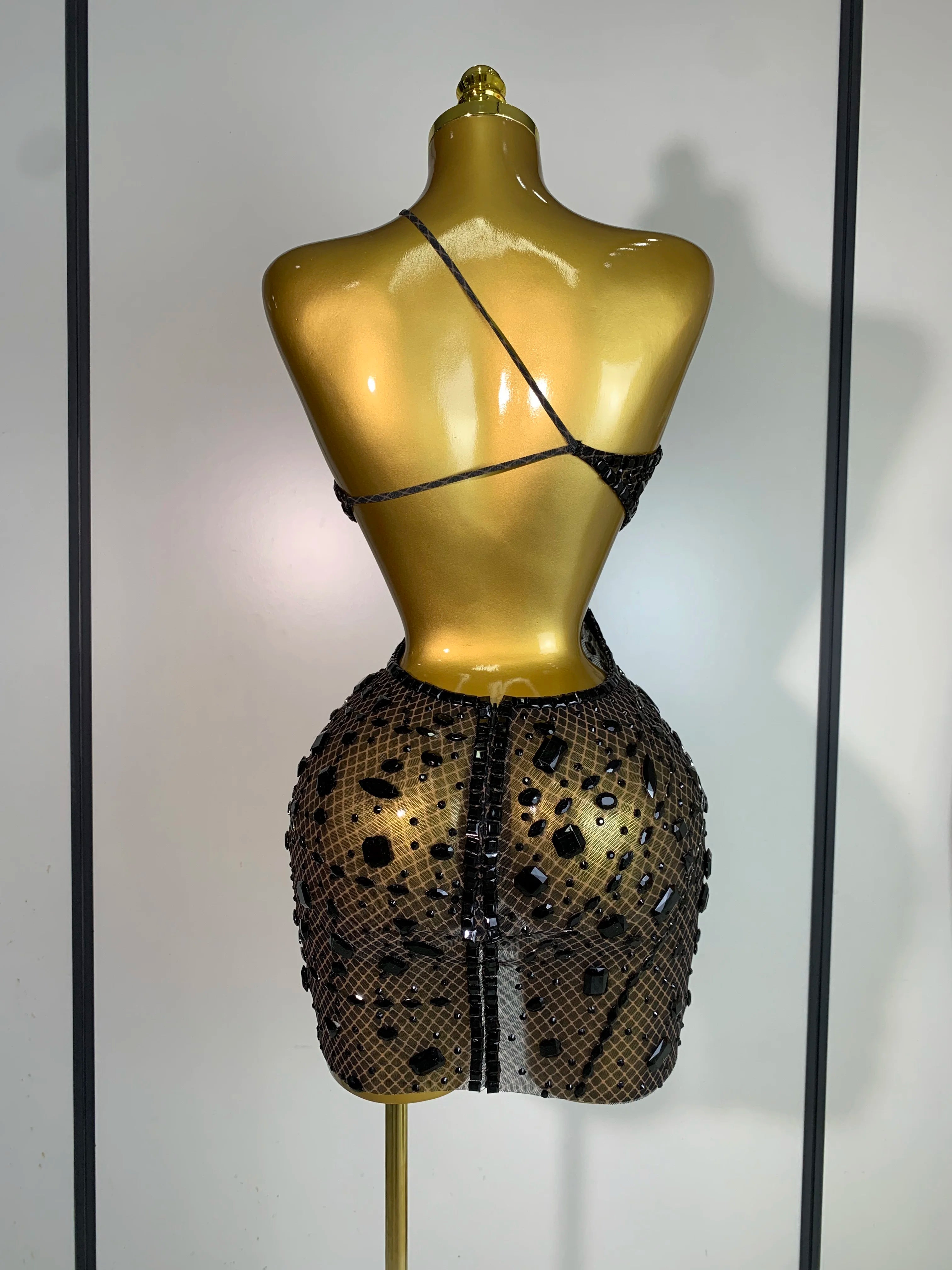 Sexy Sparkly Diamond Backless Short Dress 2025 Women Sleeveless Mesh See Through Evening Birthday Gown Singer Stage Outfit - Smarsty