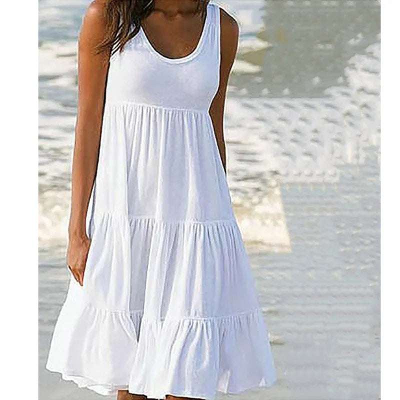 Bohemian Women's Casual O Neck Sleeveless Ruffle Mini Dress Solid Color Beach Tank Top Oversized Loose Dress Plus Size Women3029 - Smarsty