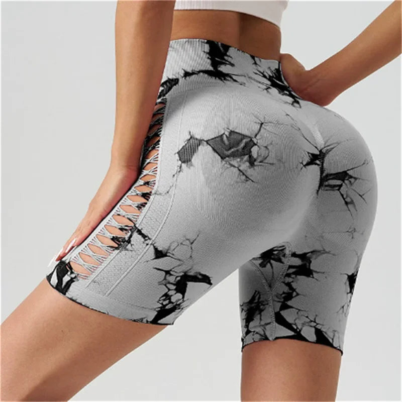 Tie Dyed Seamless Fitness Pants Women's High Waist and Hip Lifting Sports Tight Shorts Running Sexy Peach Fitness Yoga Shorts - Smarsty