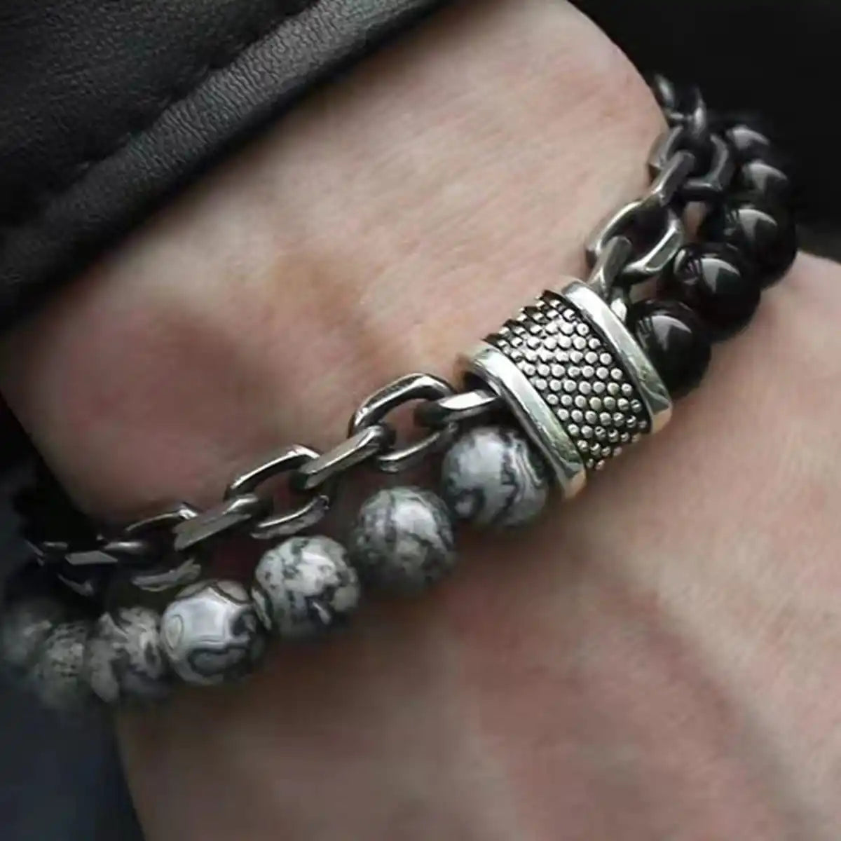 Punk Black Beaded Chain Bracelet for Men - Smarsty
