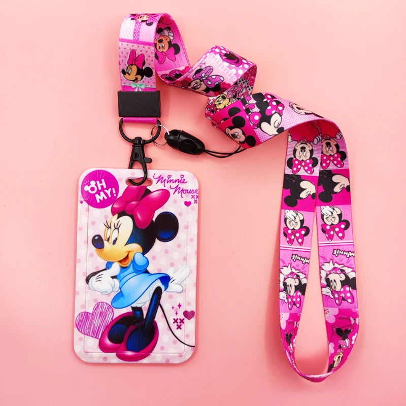 Disney Pink Lanyard ID Badge Holder Mickey Credit Card Case Neck Strap Minnie Card Holders Girl Credentials Accessories Keychain