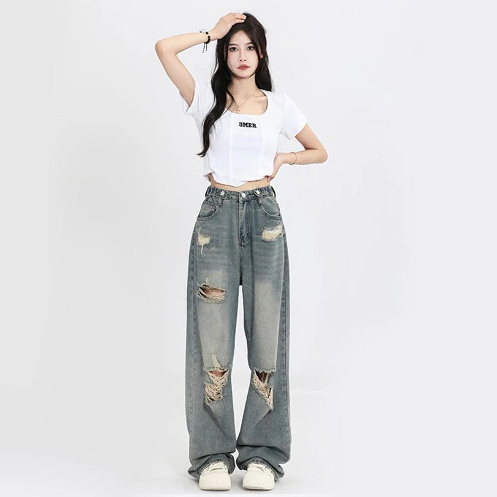 American Retro Hole-punched Jeans Women High Waist Straight-crotch Loose Slim Design High-street Vibe Wide-legged Dragging Pants - Smarsty