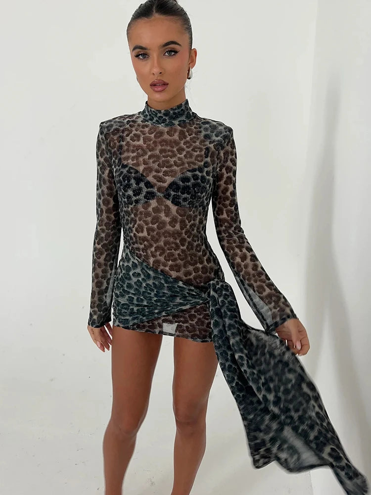 Fantoye Turtleneck Sexy Sheer Print Leopard Bandage Women Dress Long Sleeve Mini Dress Lady Spring Slim Elegant Party Club Dress - Smarsty