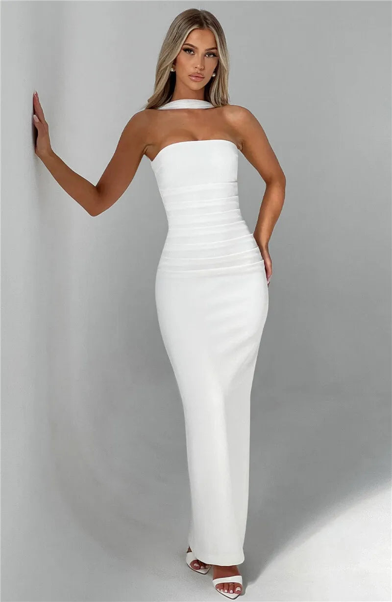 Mozision Scarf Collar Strapless Sexy Maxi Dress For Women Fashion Off-shoulder Backless Bodycon Club Party Long Dress Elegant - Smarsty