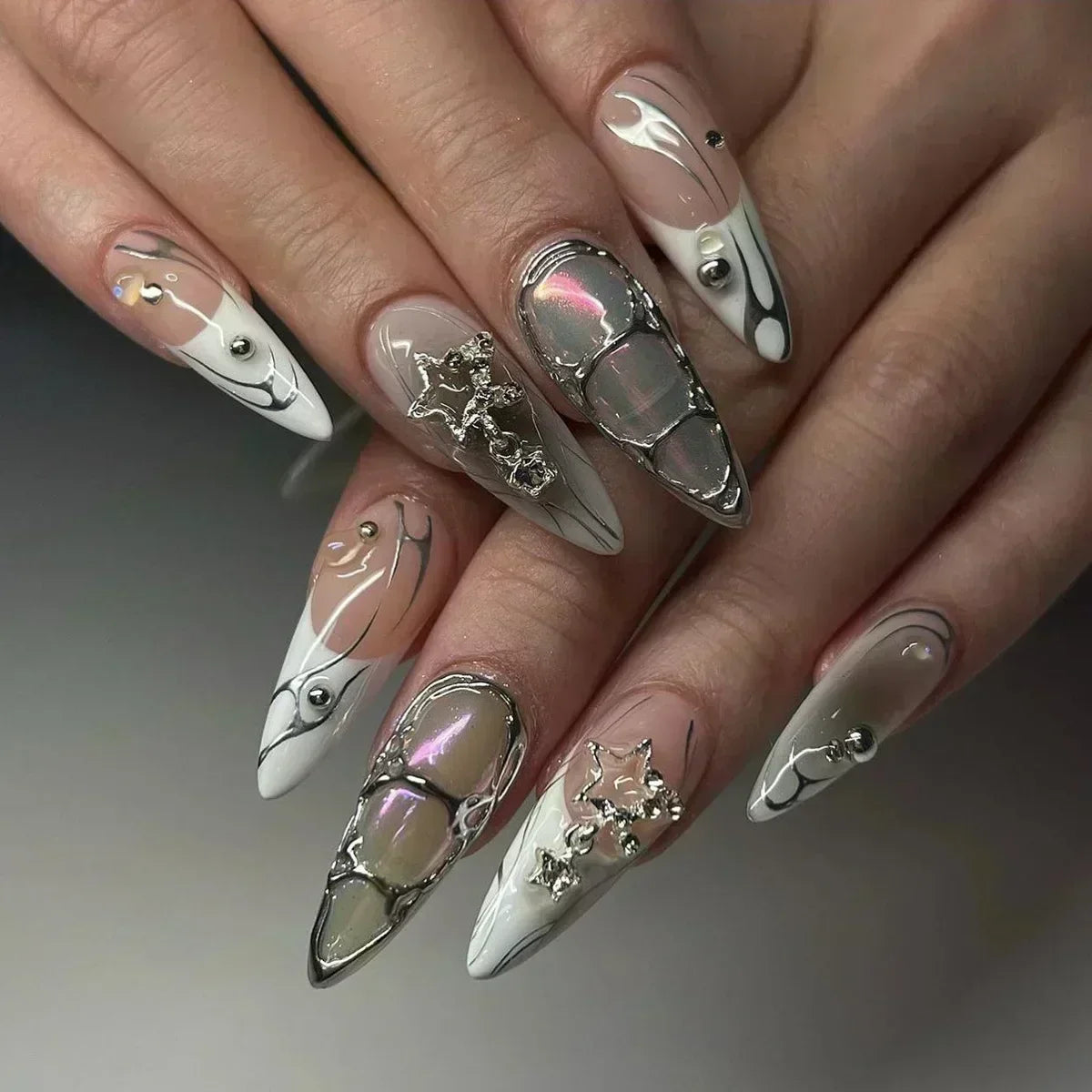 24Pcs Pink Almond False Nails with French Design - Smarsty