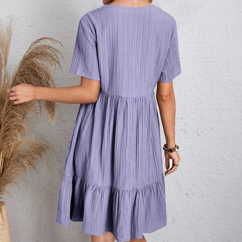 2025 Loose V-neck Short Sleeved Pleated Women Dress Solid Color A-line Beach Dresses Elegant Simple Comfortable Woman Clothing - Smarsty