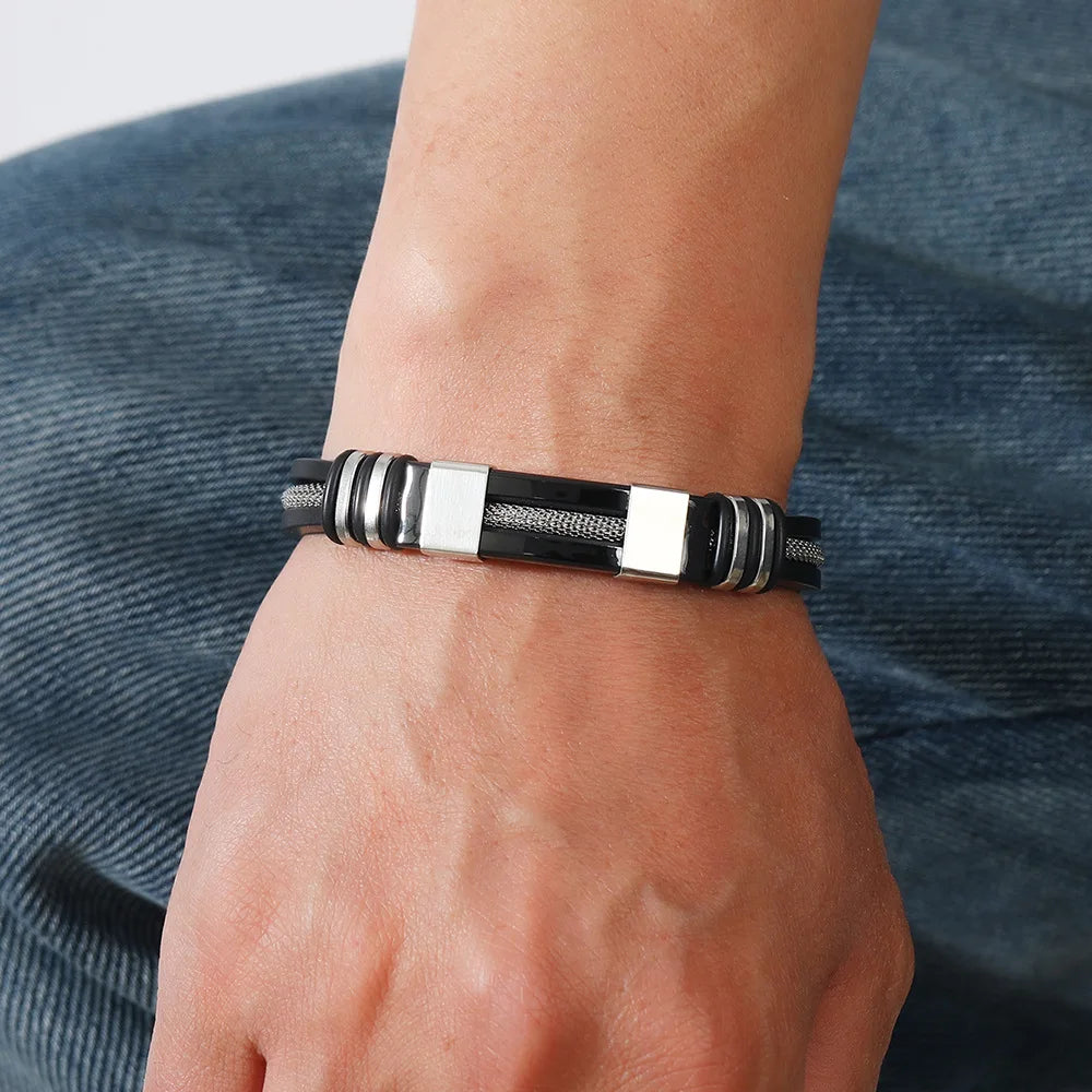 Mens Stainless Steel Leather Bracelet Handmade Hiphop Accessory - Smarsty