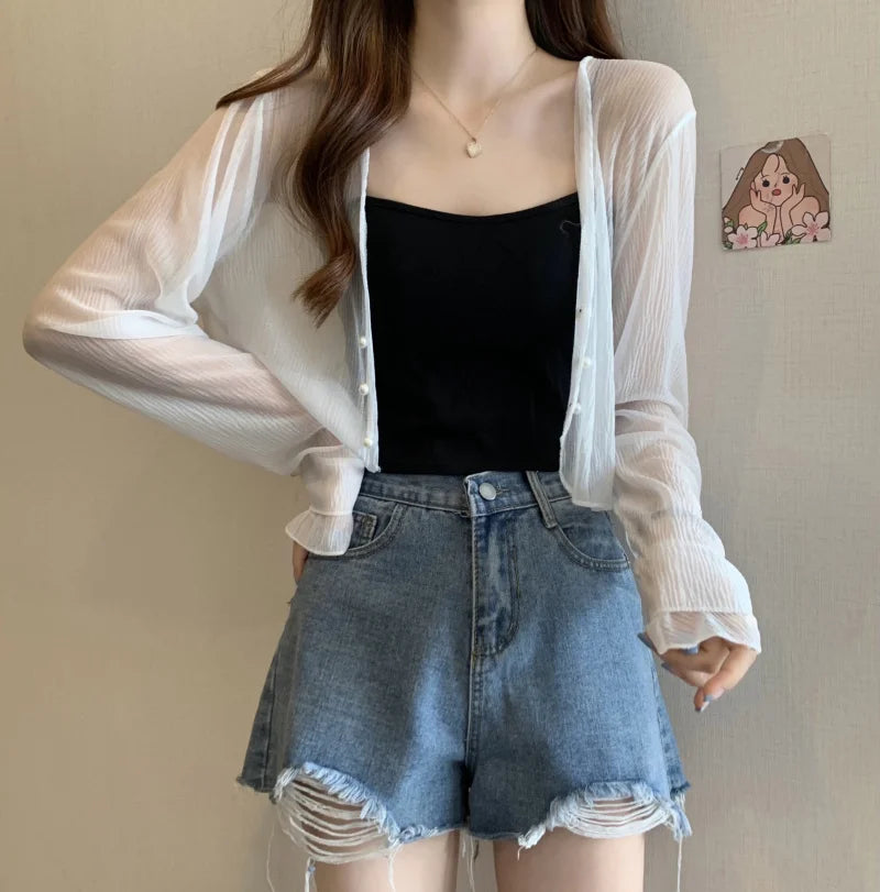 2025 Fairy Style Solid Cardigan Women Summer New Long Sleeve Sunscreen Sweet Beading V-neck Basics Loose Chiffon Cardigan - Smarsty