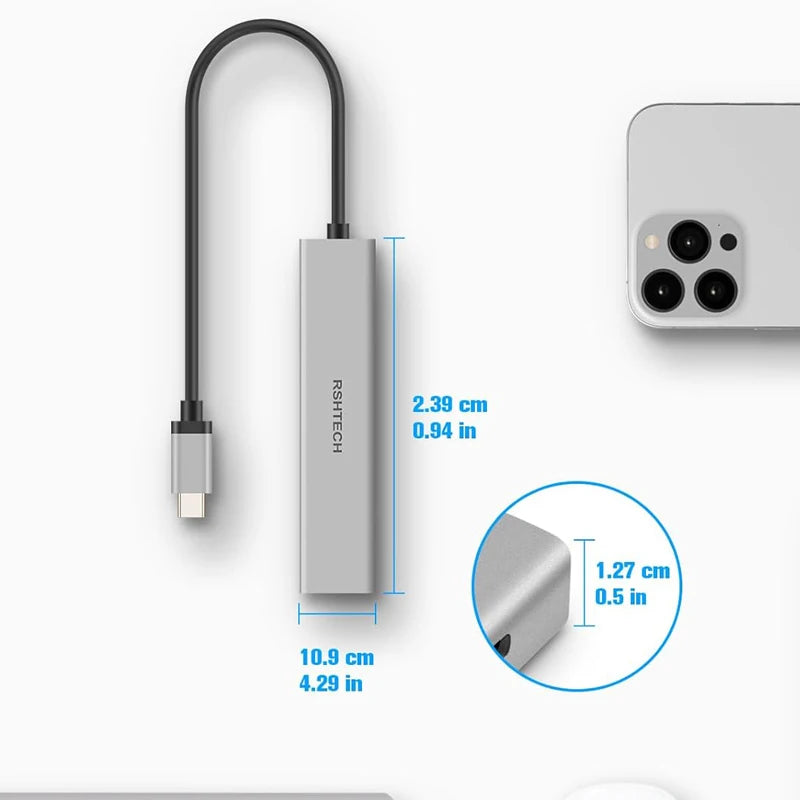 USB C Hub 4 Port Aluminum Gen2 Data Dongle Portable