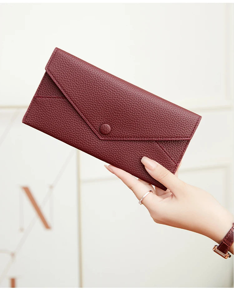 RFID Anti-Theft Purse for Women, Lychee Print, Soft Leather, Envelope Long Wallet, Ultra-thin, Portable, Simple Hand Bag