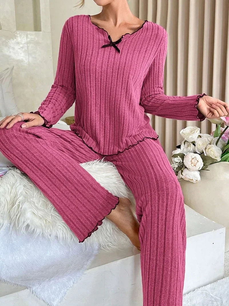 Women Autumn Winter Sleepwear Ribbed Pajamas Set Long Sleeve Top and Long Pants 2 Piece Set Casual Homewear Loungewear - Smarsty