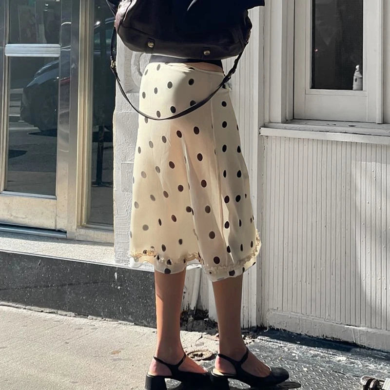BIIKPIIK Casual Women Polka Dot Skirts Lettuce Trim Beige Elegant Midi Skirts Streetwear Simple All-match Bottom Clothing Spring - Smarsty