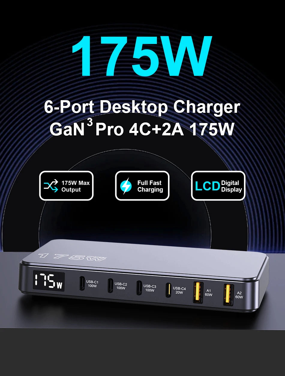 GaN USB C 6Port Desktop Charger With Fast LED Display - Smarsty