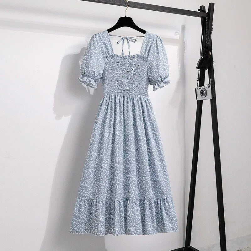 Spring Summer Chiffon Dresses Fashion Female Elastic Waist Short Sleeve Pleated Casual Dress Women A-line Dresses Vestidos - Smarsty