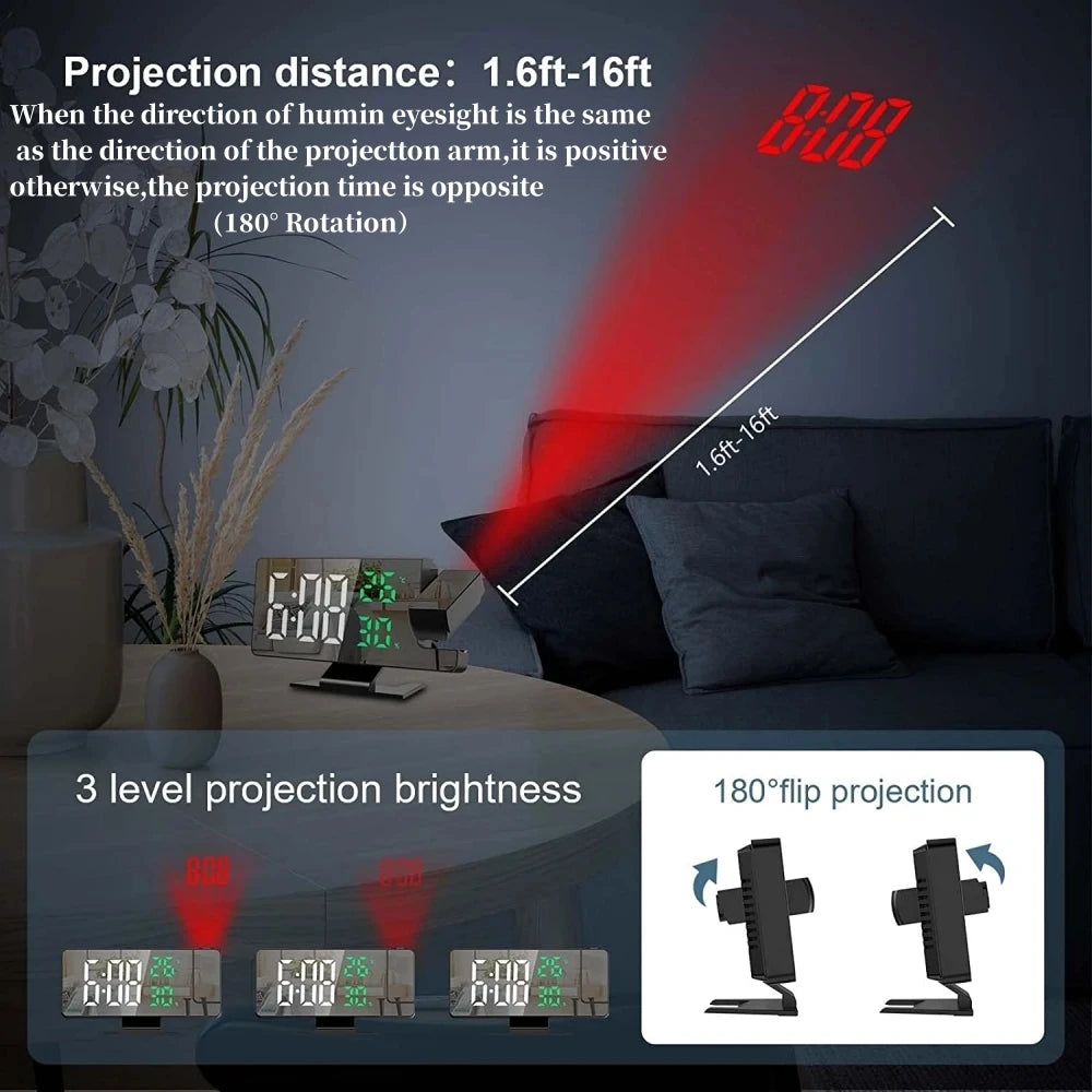 180 Degree Projection Digital Alarm Clock with Temperature Display - Smarsty