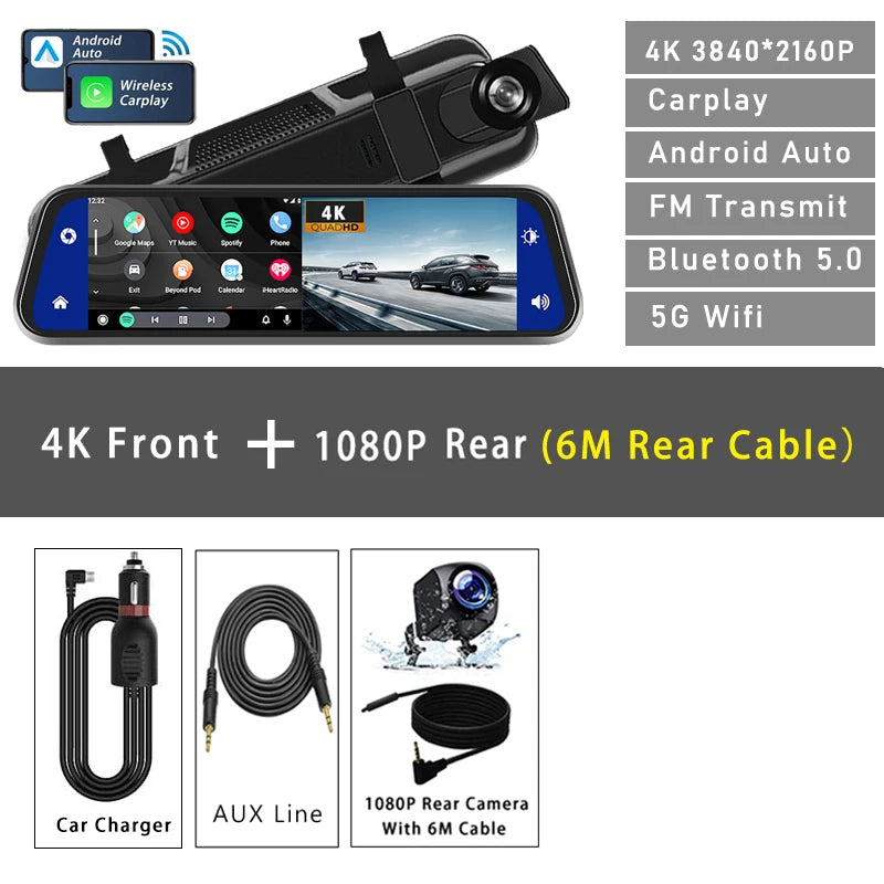 4K Dash Cam With Rearview Mirror Display and GPS WiFi - Smarsty