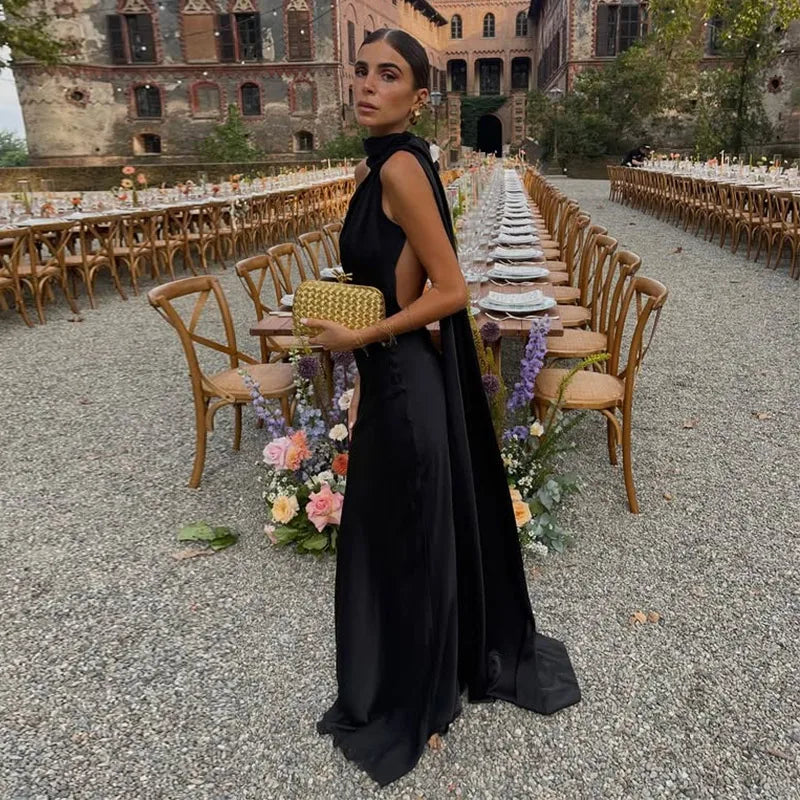 Elegant Women's Ribbon Long Satin Party Dress Halter Backless Sleeveless Female Dresses 2025 Summer Lady Solid Evening Gowns