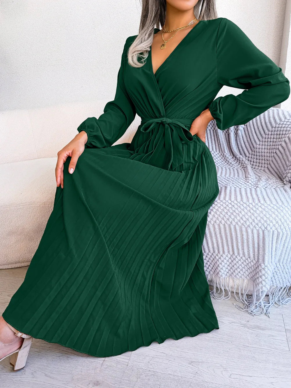 Women Elegant V Neck Long Sleeve Pleated Maxi Dress - Smarsty