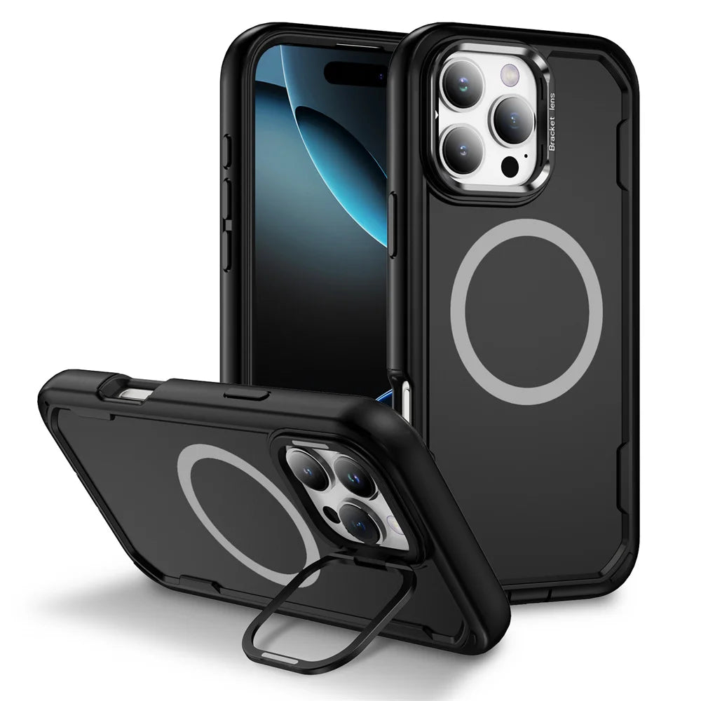 For Magsafe Dual Armor Bumper Lens Stand Phone Case For iPhone 17 16 15 14 Plus 13 12 Pro Max 11 Shockproof Protective Cover