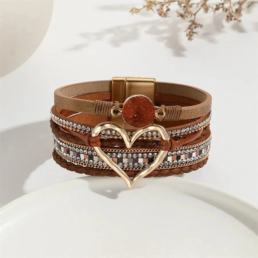 Women Leather Heart Charm Bracelet Rhinestone Wrap - Smarsty