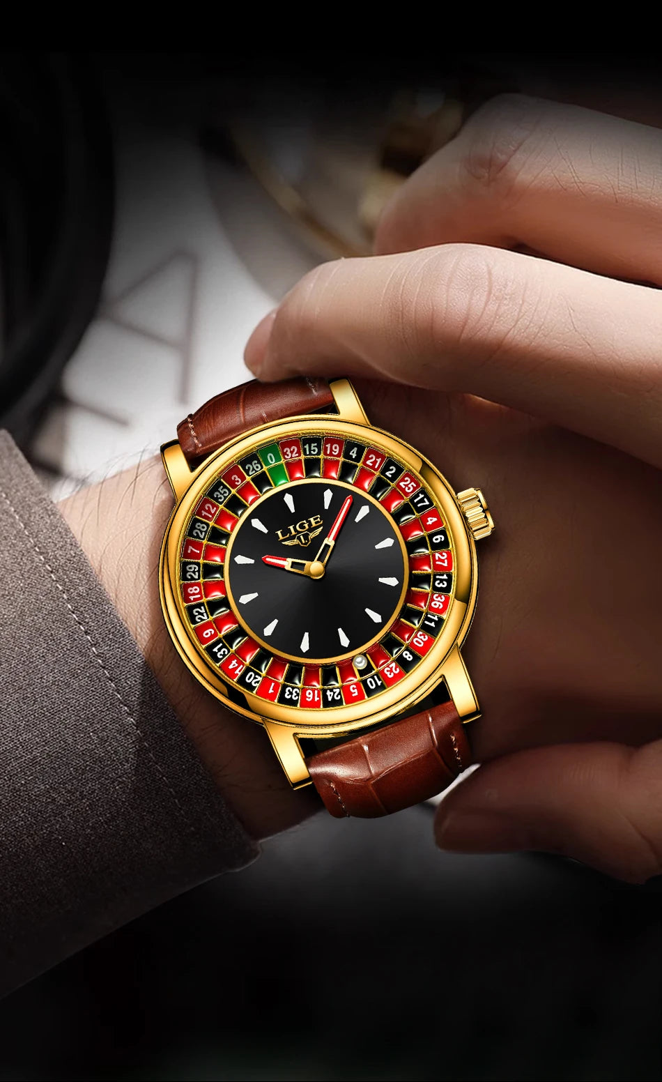 LIGE Waterproof Brown Leather Men's Roulette Watch - Smarsty