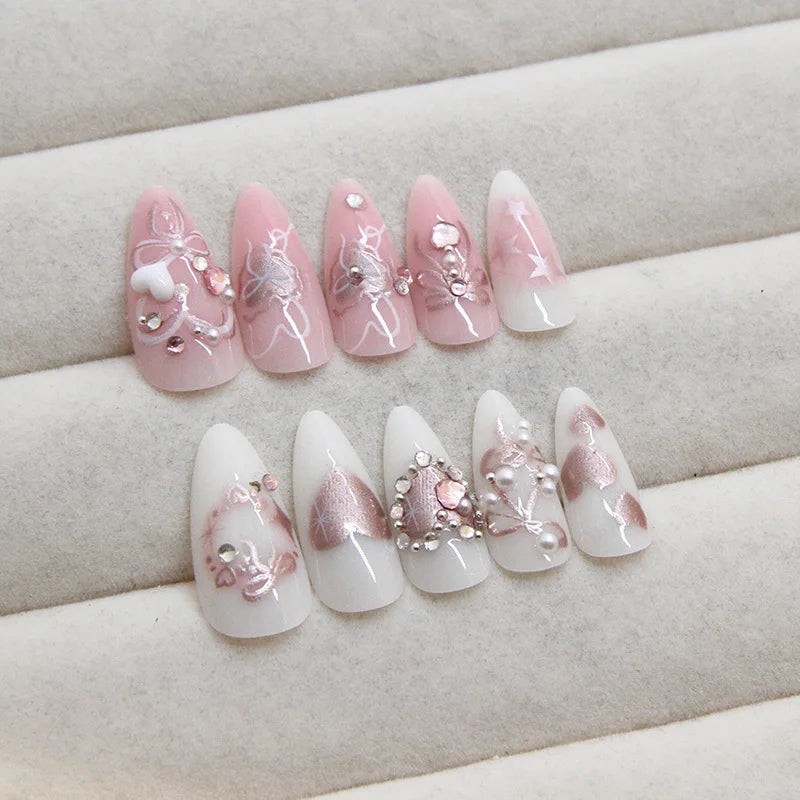24 Piece Pink Almond Fake Nail Set With Bowknot Design - Smarsty