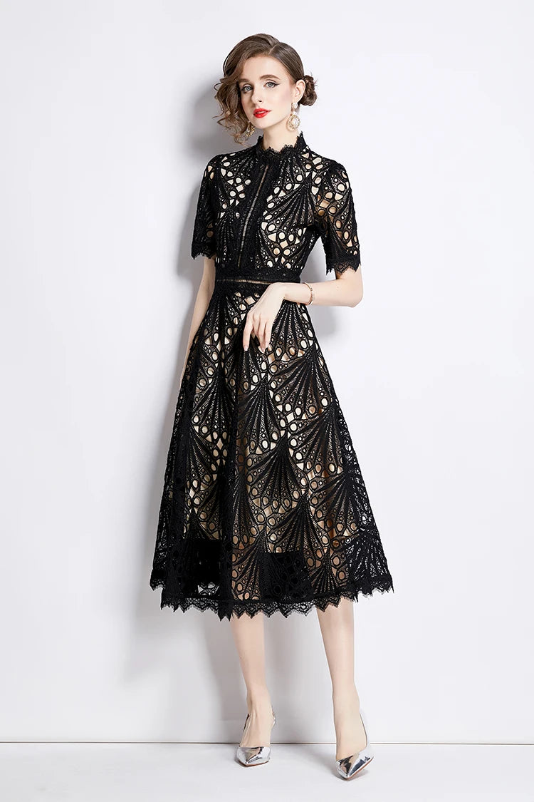 H Han Queen Spring New Elegant Casual Work Party Dresses Floral Crochet Hollow Out Lace Patchwork Casual Office Midi Dress - Smarsty