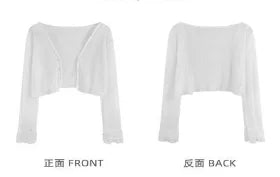 2025 Fairy Style Solid Cardigan Women Summer New Long Sleeve Sunscreen Sweet Beading V-neck Basics Loose Chiffon Cardigan - Smarsty