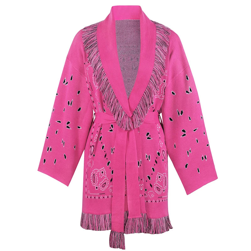 Tassel Patchwork Printed Cardigan Women Geometric Patterns Belts V-neck Long Sleeve Knitted Street Lady Sweater 2025 Autumn Coat - Smarsty