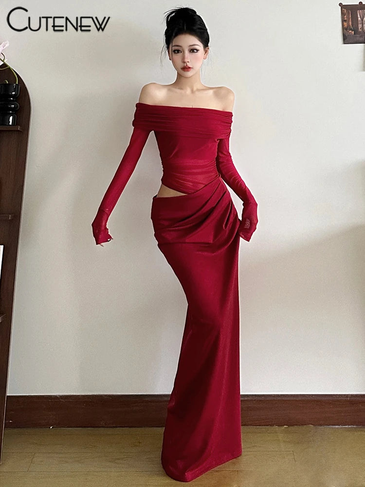 Cutenew Mesh Ruched Women Maxi Dress Sexy See Through Off Shoulder Long Sleeve Sheath Vestidos Female Midnight Party Solid Robe - Smarsty