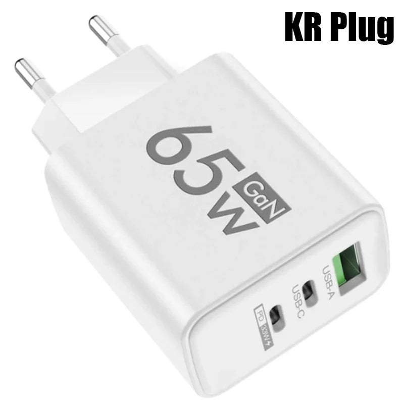 GaN Fast Charging 65W USB Type C Charger EU KR PD 3.0 Quick Charge Wall For Phone Adapter For iPhone 15 Xiaomi Huawei Samsung - Smarsty
